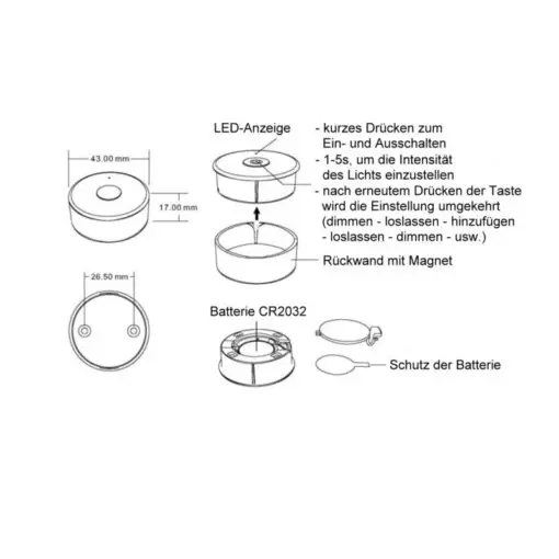 <p>Die Fernbedienung für Mini-LED-Lampen ist ein drahtloses Funksteuerungssystem mit einem Sender und mehreren Empfängern. Mit einer Fernbedienung kann 1 Zone gesteuert werden, die aus mehreren Empfängern bestehen kann. Diese Empfänger werden als eine Sektion gesteuert, wenn sie mit dem Steuergerät verbunden sind. Auf der Rückseite des Controllers befindet sich ein Magnet, mit dem der Controller an magnetischen Oberflächen befestigt werden kann.
Der Empfänger kann versteckt werden (hinter einer Wand, Gipskartonplatte oder in einem Schrank), eine direkte Sichtbarkeit des Empfängers für den Controller ist nicht erforderlich.</p>
<p>Merkmale und Vorteile:
Die Dimmung ist stabil und zuverlässig, die Reichweite des Controllers beträgt ≤ 30 m.
Dimmen von 0-100%, 256 Dimmstufen, weiches Dimmen, kein Flimmern. Beim Einschalten leuchtet es allmählich auf, beim Ausschalten wird es allmählich gedimmt.</p>
<p>Stromversorgung: 2032 3V Batterie - enthalten
Übertragungsfrequenz: 2,4GHz
Reichweite: bis zu 30 m
Anzahl der Zonen: 1 getrennt
Anzahl der Empfänger: Eine unbegrenzte Anzahl von Empfängern kann gekoppelt werden
Abmessungen: 43mm x 17 mm
Speicherung der letzten Einstellung nach Stromunterbrechung: JA
Schutzart: IP20</p>