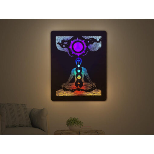 WohndesignPlus - LED-Wandbilder, LED-Tischlampen, LED-Motivuhren und 3D-Motiv-Uhren - LED Wandbild Chakra 7090 03 800 - Das nach hinten offene LED-Wandbild beleuchtet die dahinterliegende Wand des Raumes und diese reflektiert das Licht ohne zu blenden.