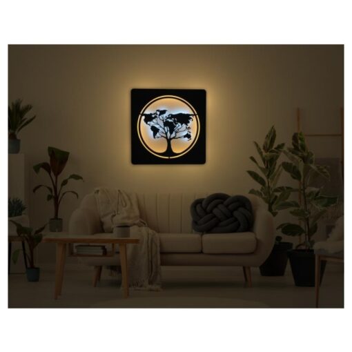 WohndesignPlus - LED-Wandbilder, LED-Tischlampen, LED-Motivuhren und 3D-Motiv-Uhren - LED Wandbild Weltkarte im Kreis 7070 07 800 - Das nach hinten offene LED-Wandbild beleuchtet die dahinterliegende Wand des Raumes und diese reflektiert das Licht ohne zu blenden.