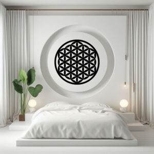 Schwarzes Mandala Blume des Lebens aus HDF als Wandbild in modernem Boho-Wohnraum mit Naturmaterialien