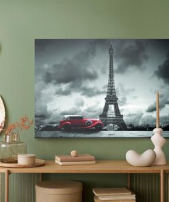 Leinwandbild Altes Auto Vor Dem Hintergrund Des Eiffelturms