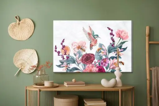 Leinwandbild Aquarellkolibris Und Bienen Auf Blumen