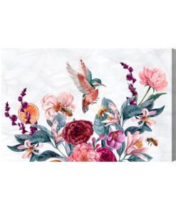 Leinwandbild Aquarellkolibris Und Bienen Auf Blumen