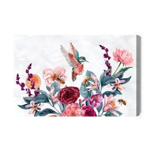 Leinwandbild Aquarellkolibris Und Bienen Auf Blumen