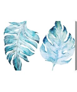 Leinwandbild Blaue Monstera-Blätter Mit Aquarell Gemalt