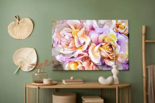Leinwandbild Bunte Rosafarbene Blumen Gemalt Mit Aquarell