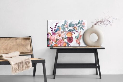 Leinwandbild Bunte Vögel Unter Der Blumenzusammensetzung Gemalt Mit Wasserfarben