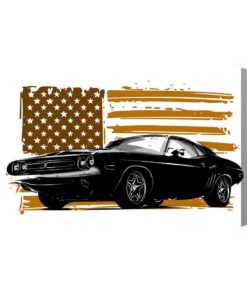 Leinwandbild Ein Amerikanisches Muscle-Car Vor Einer Beigen Us-Flagge