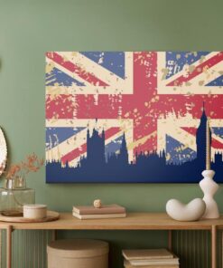 Leinwandbild Flagge Des Vereinigten Königreichs Mit Silhouette Von London