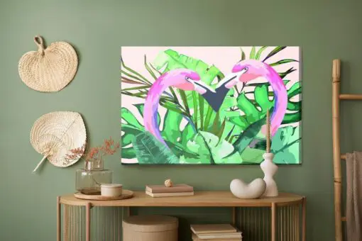 Leinwandbild Flamingos Und Tropische Blätter