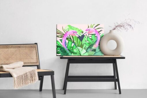Leinwandbild Flamingos Und Tropische Blätter