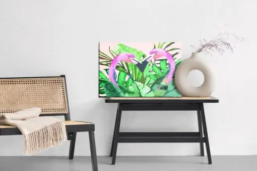 Leinwandbild Flamingos Und Tropische Blätter