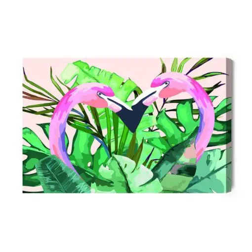 Leinwandbild Flamingos Und Tropische Blätter