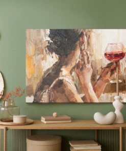 Leinwandbild Fragment Of Artwork Where Beautiful Attractive Young Woman Holding A Glass Of Wine. Oil Painting On Canvas.