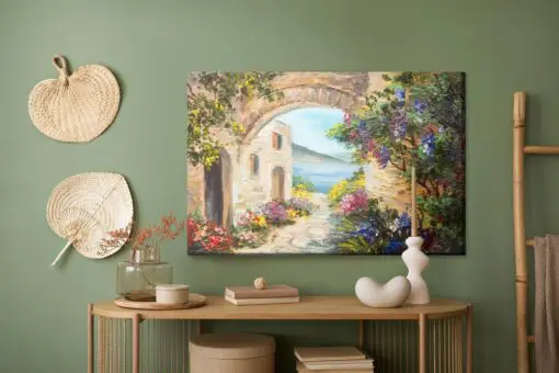 Leinwandbild Haus Am Meer Und Blumen