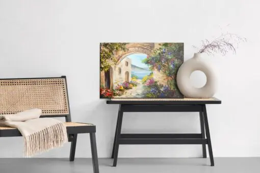 Leinwandbild Haus Am Meer Und Blumen