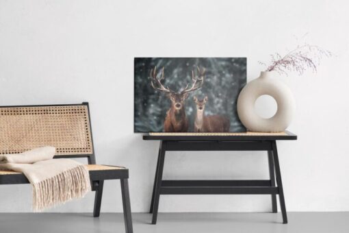 Leinwandbild Hirsch Und Reh Im Winter