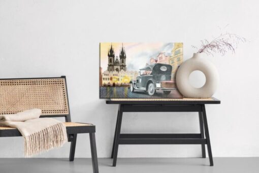 Leinwandbild Innenstadt Mit Altem Auto