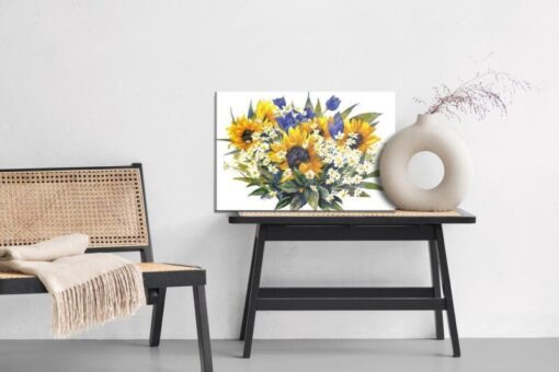 Leinwandbild Komposition Aus Kamille Sonnenblumen Und Tulpen