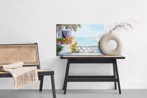 Leinwandbild Meer Mit Haus Und Blumen