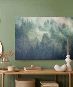 Leinwandbild Misty Landscape With Fir Forest In Hipster Vintage Retro Style