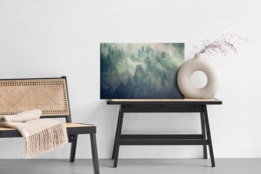 Leinwandbild Misty Landscape With Fir Forest In Hipster Vintage Retro Style