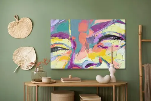 Leinwandbild Oil Portrait Painting In Multicolored Tones. Abstract Picture Of A Beautiful Girl. Conceptual Closeup Of An Oil Painting And Palette Knife On Canvas.
