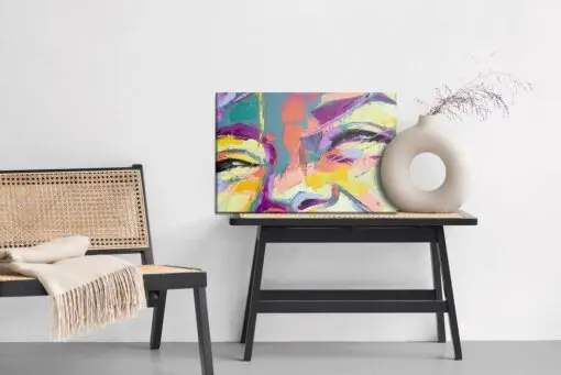 Leinwandbild Oil Portrait Painting In Multicolored Tones. Abstract Picture Of A Beautiful Girl. Conceptual Closeup Of An Oil Painting And Palette Knife On Canvas.