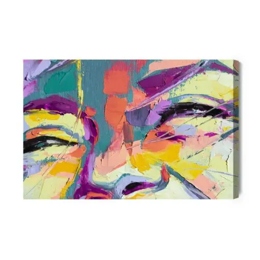 Leinwandbild Oil Portrait Painting In Multicolored Tones. Abstract Picture Of A Beautiful Girl. Conceptual Closeup Of An Oil Painting And Palette Knife On Canvas.