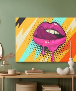 Leinwandbild Rosa Lippen Auf Farbigem Hintergrund Im Retro-Pop-Art-Stil