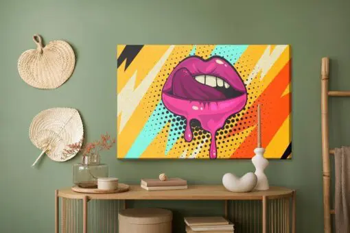 Leinwandbild Rosa Lippen Auf Farbigem Hintergrund Im Retro-Pop-Art-Stil