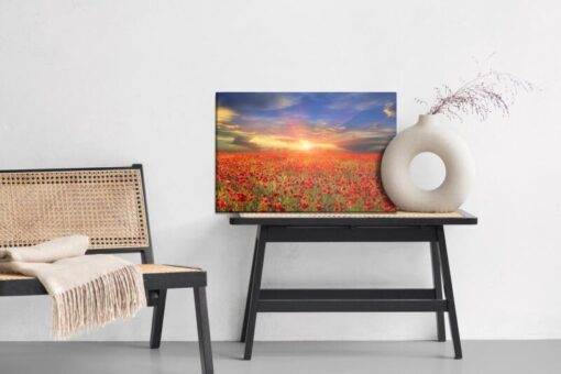 Leinwandbild Sonnenuntergang Über Einem Feld Von Mohnblumen