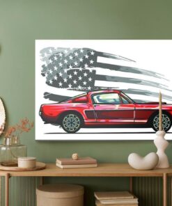 Leinwandbild Sportwagen Auf Einem Grauen Retro-Usa-Flaggenhintergrund