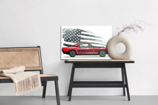 Leinwandbild Sportwagen Auf Einem Grauen Retro-Usa-Flaggenhintergrund