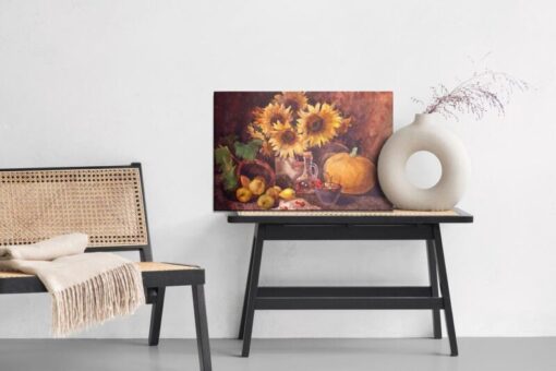 Leinwandbild Stillleben Mit Sonnenblumen Und Früchten