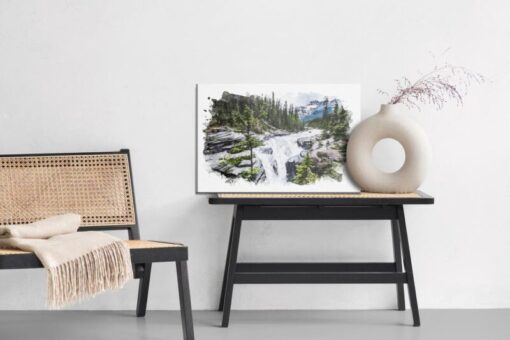 Leinwandbild Wasserfall In Den Bergen Mit Aquarellfarben Gemalt