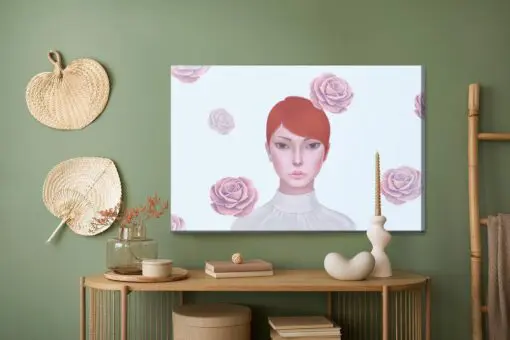 Leinwandbild Woman And Rose Flowers. Concept Idea Art Of Surreal Mystery And Love. Conceptual 3D