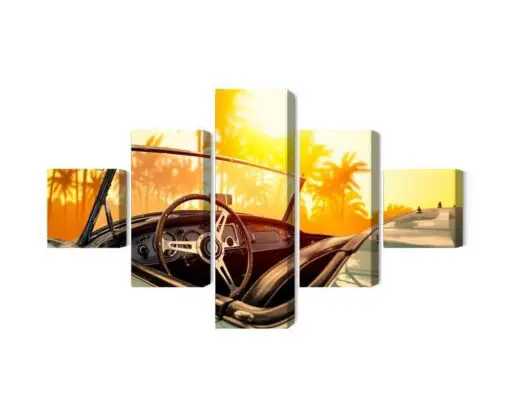 Mehrteiliges Bild Blick Vom Auto Auf Den Retro-Sonnenuntergang