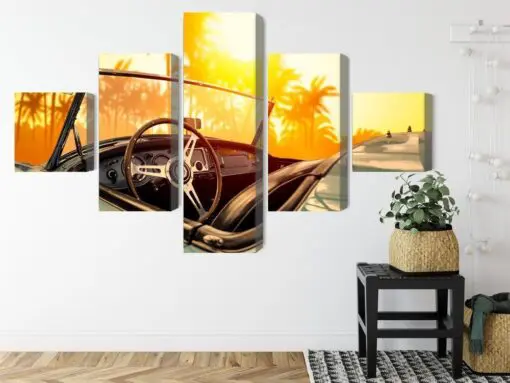 Mehrteiliges Bild Blick Vom Auto Auf Den Retro-Sonnenuntergang