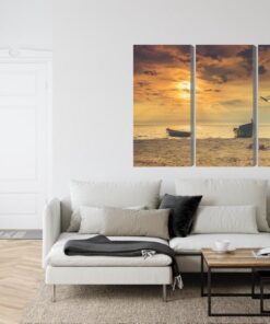 Mehrteiliges Bild Boote Am Strand Bei Sonnenuntergang