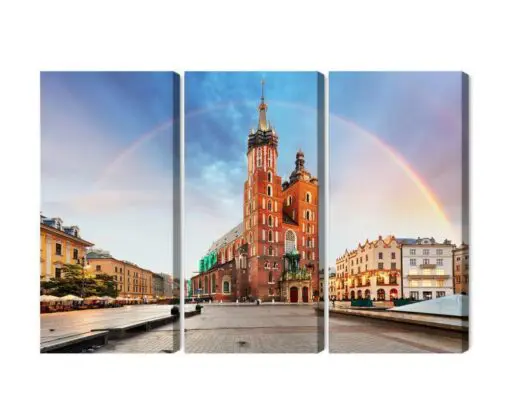 Mehrteiliges Bild Die Marienkirche In Krakau Vor Einem Regenbogenhintergrund
