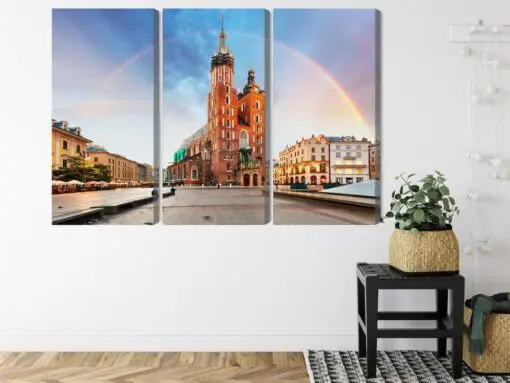 Mehrteiliges Bild Die Marienkirche In Krakau Vor Einem Regenbogenhintergrund