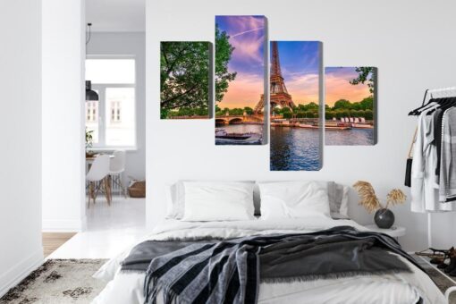 Mehrteiliges Bild Eiffelturm Und Seine Bei Sonnenuntergang In Paris