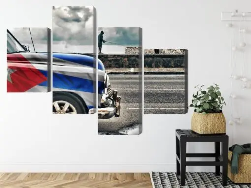 Mehrteiliges Bild Ein Auto Mit Kubanischer Flagge Auf Den Straßen Von Havanna