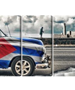 Mehrteiliges Bild Ein Auto Mit Kubanischer Flagge Auf Den Straßen Von Havanna