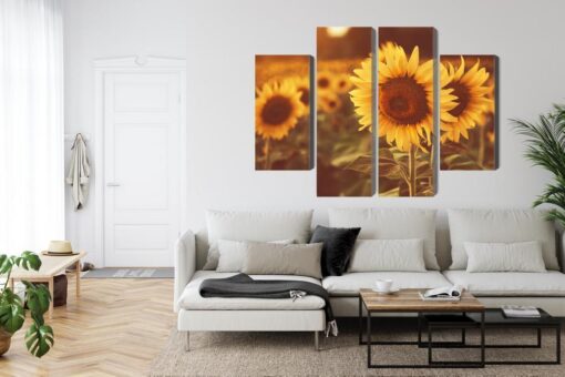 Mehrteiliges Bild Ein Feld Mit Sonnenblumen Im Retro-3D-Stil