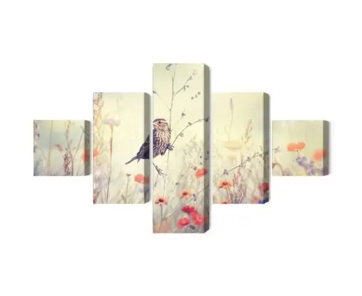 Mehrteiliges Bild Ein Vogel Unter Wilden Blumen