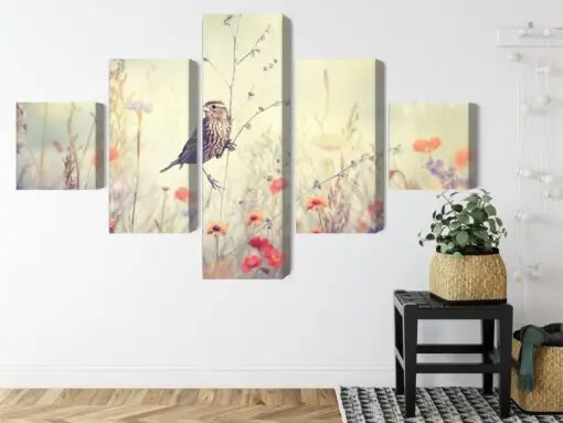 Mehrteiliges Bild Ein Vogel Unter Wilden Blumen