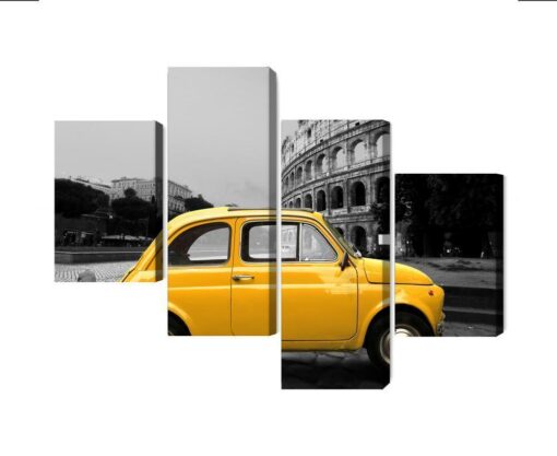 Mehrteiliges Bild Gelbes Retro-Auto Auf Dem Hintergrund Des Kolosseums