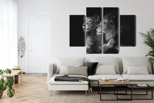Mehrteiliges Bild Löwe Und Löwin Auf Schwarzem Hintergrund